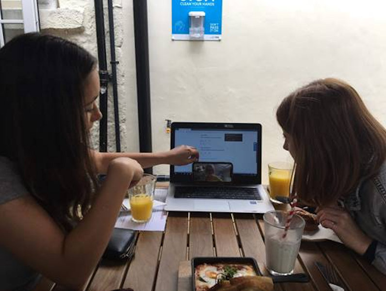 Beth and Maisie from Fresh Perspective work on socially distanced plans_no credit Beth and Maisie from Fresh Perspective work on socially distanced plans_no credit